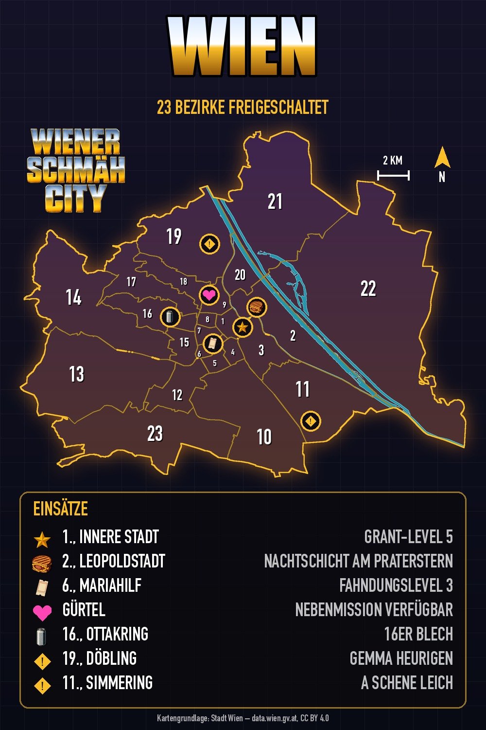 Wienkarte mit 23 Bezirken und sieben Einsatzpunkten