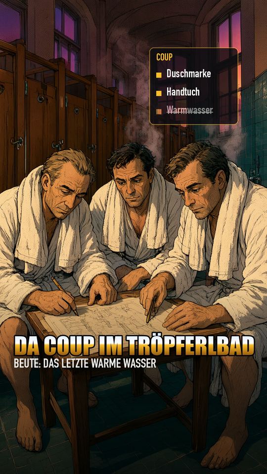 Drei Männer im Bademantel planen einen Coup